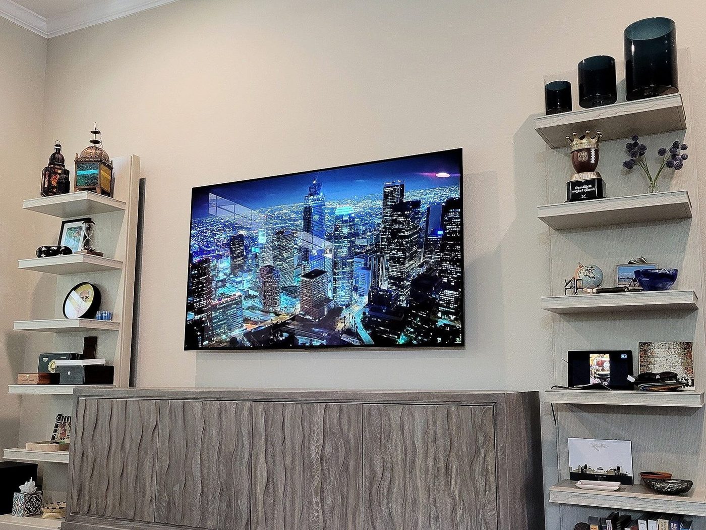A finished TV install with the wiring run inside the wall