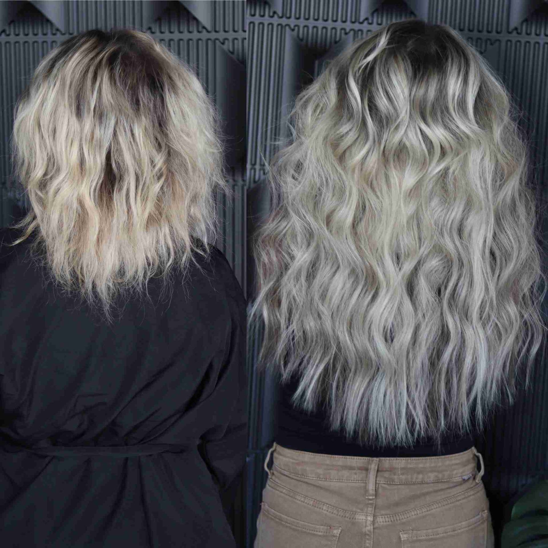 Bright, cool-toned blonde result with soft waves